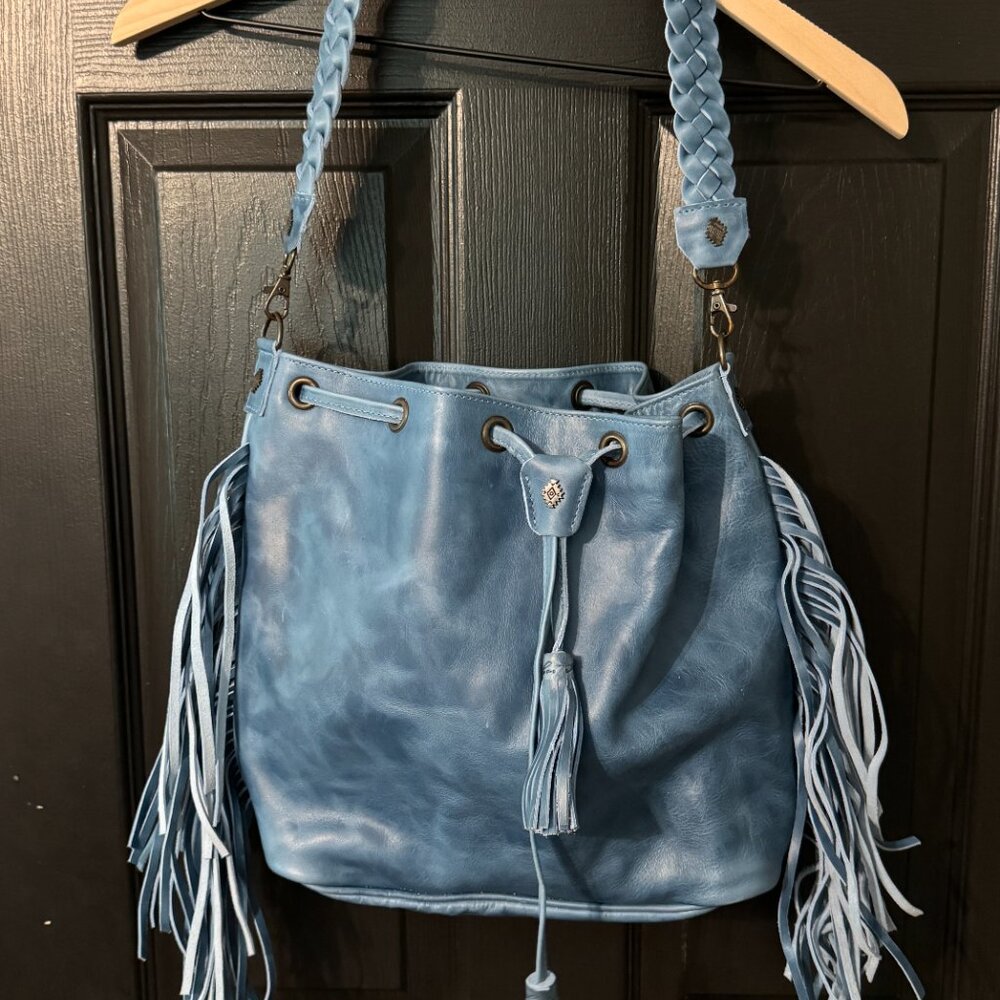 Genuine Leather Dark Teal Shoulder Bag with Tassels - Picture 2 of 4